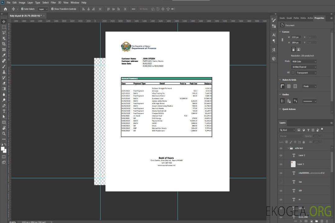 Relevé bancaire de la Nauru Bank de Nauru template